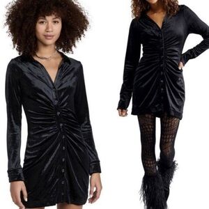 Free People Shayla Velvet SM Mini Dress Long Sleeves Button Front Collar Black